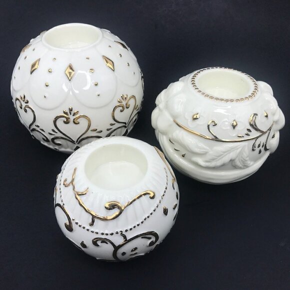 Vintage 90s Otagiri 3 Round Porcelain Tea Light Candle Holders Gold Accent - Picture 1 of 12